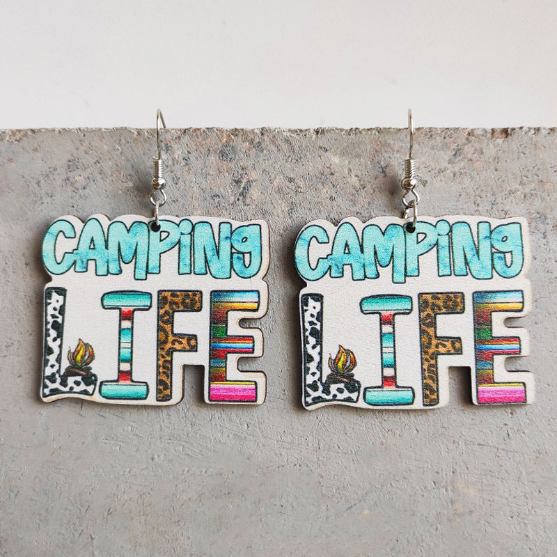 Wholesale Love Cow Print Leopard Print Campfire RV Camping Wooden Earrings